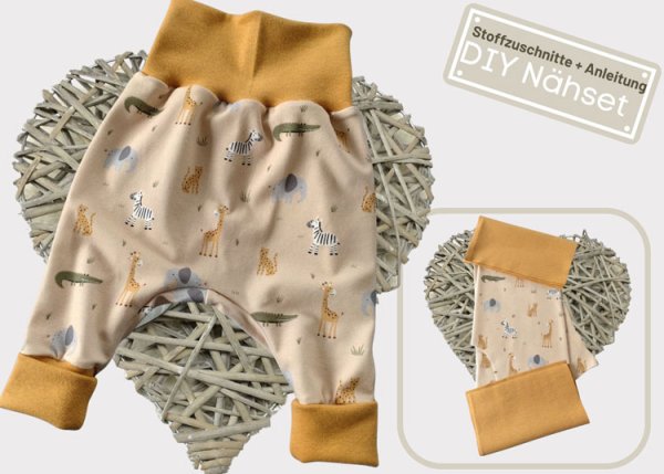 DIY Nähpaket Stoff Zuschnitte Pumphose Jersey Savannenkids, Bündchen braun Nähset